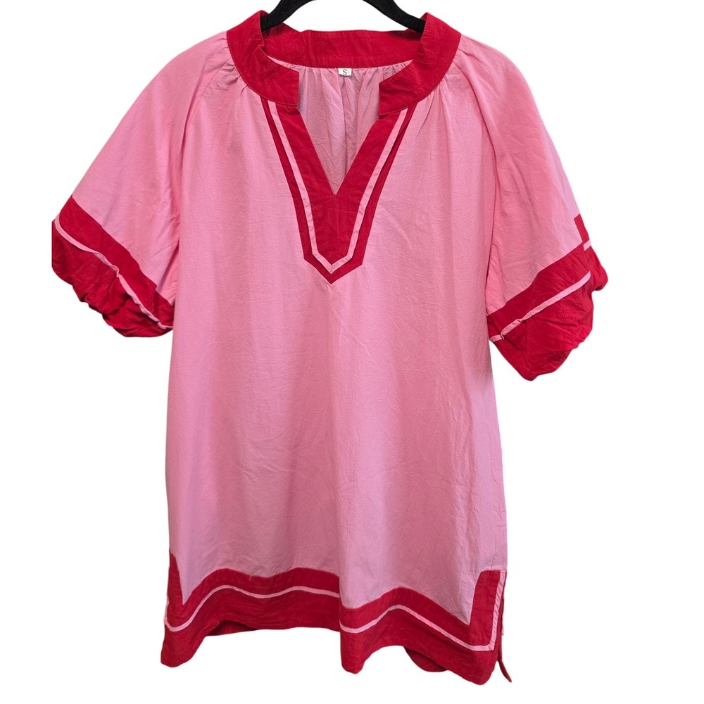 Fashion Pink Red Colorblock Cotton Tunic Mini Dress Short Puff Sleeve Small - Picture 2 of 5